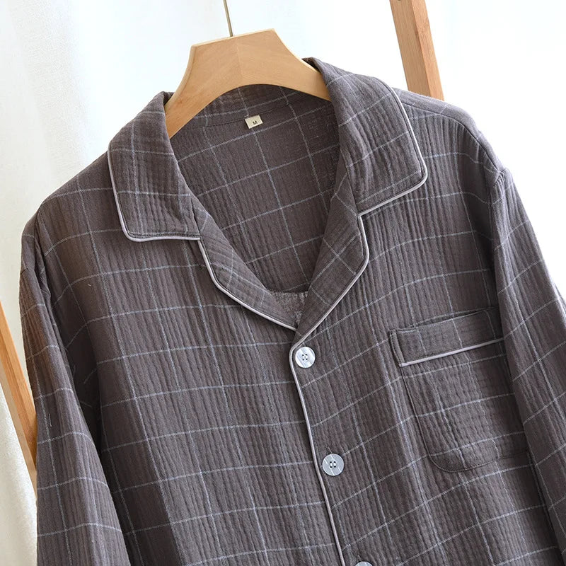 2025 Spring and Autumn New Men's Pajama Set 100%Cotton Crepe Plaid Long sleeved Pants Two Piece Set Cardigan Large Size Homewear