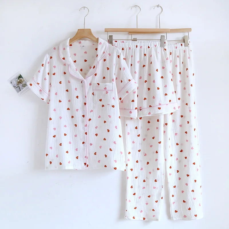 2025 New Summer Pajama Set 100% Cotton Crepe Love Short Sleeves+Shorts+Pants Three Piece Buckle Cute Home Fury Ladies Sleepwear