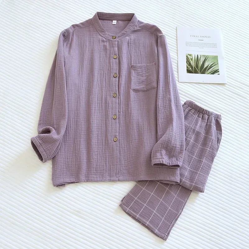 2025 Japanese style new couple sleepwear set 100% cotton crepe fabric long sleeved long pants two-piece home wear pajama