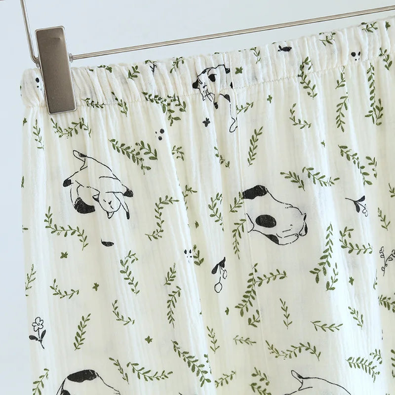 2025 Spring/Summer New Women's Pajamas Three Piece Set 100% Pure Cotton Crepe Thin Short Sleeves+Shorts+Long Pants Home Fury