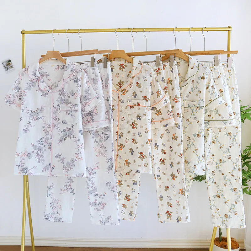 2025 New Women's Spring/Summer Pajama Set 100% Cotton Short Sleeves+Shorts+Long Pants Three Piece Thin Sweet Home Furnishings