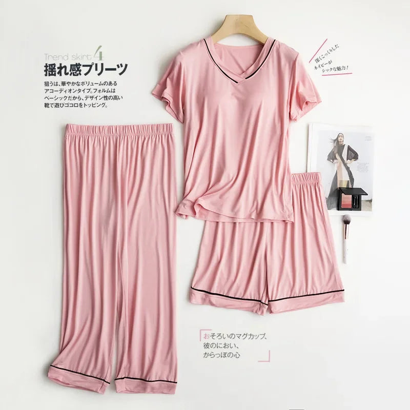 2025 summer new women's pajamas 3-piece Modal large simple pajamas with bra short sleeves+shorts+trousers casual home wear