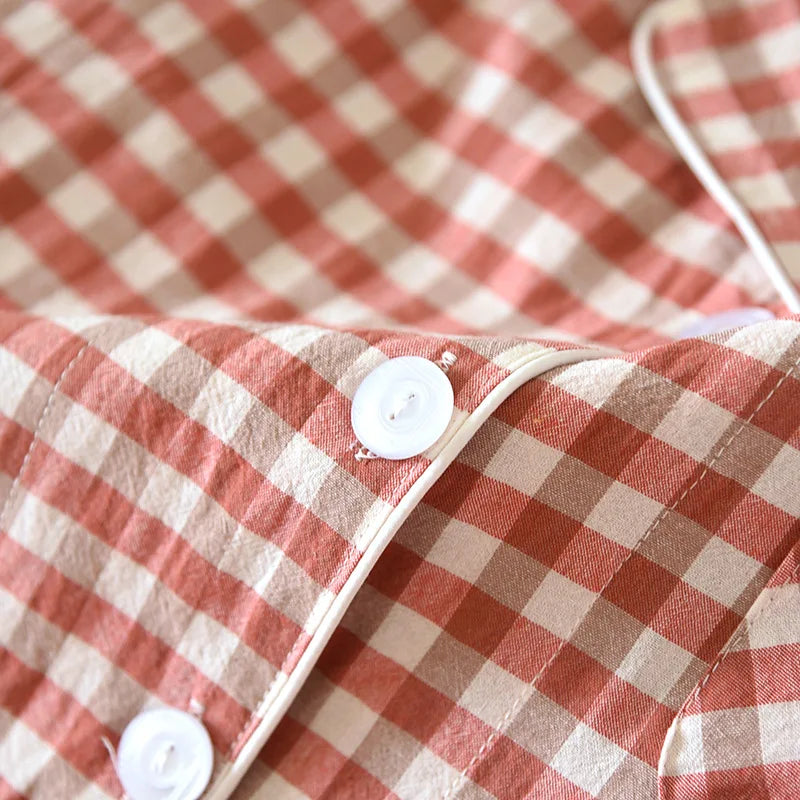 2025 New Japanese Spring and Autumn Couple Pajama Set 100% Cotton Men's and Women's Plaid Long Sleeve Two Piece Home Furnishing