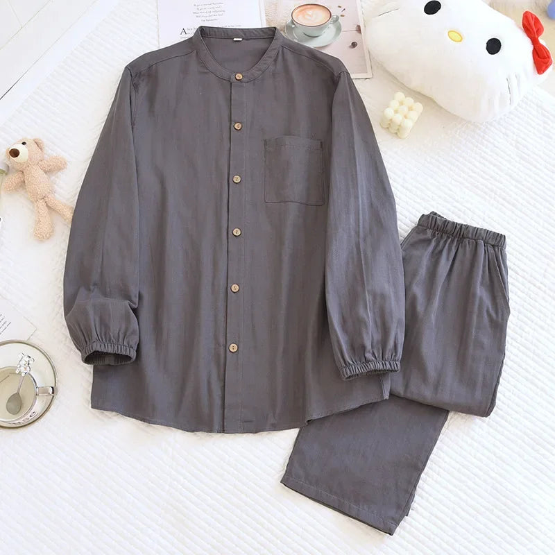 2025 New Spring/Summer Couple's Pajama Set 100% Cotton Simple Men's and Women's Long Sleeve Long Pants Two Piece Home Clothes