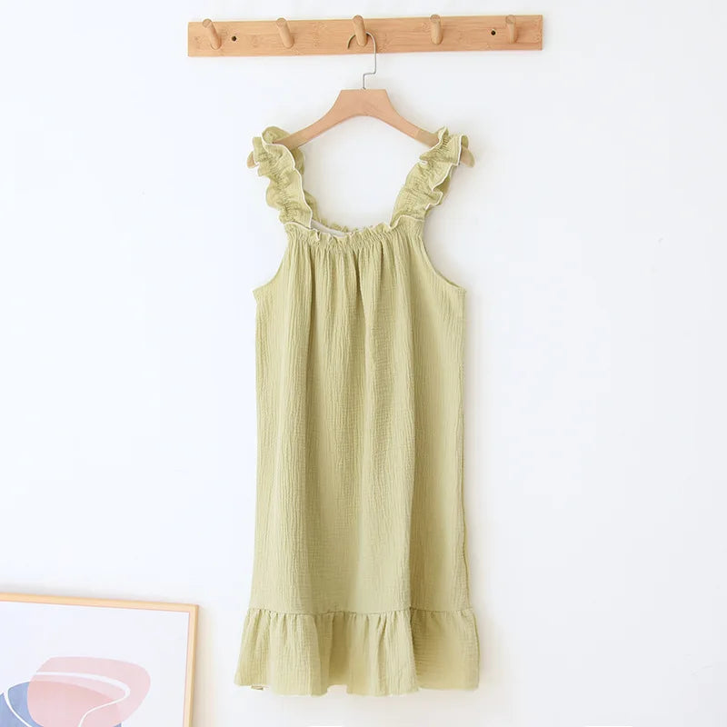 2025 Summer New Style Nightdress Ladies 100% Cotton Crepe Thin Vest Suspender Skirt Loose Long Skirt Sweet And Cute Home Skirt