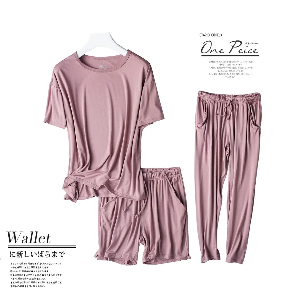 Spring and summer new ladies pajamas three-piece short-sleeved shorts trousers modal soft T-shirt pajamas women's loose home set
