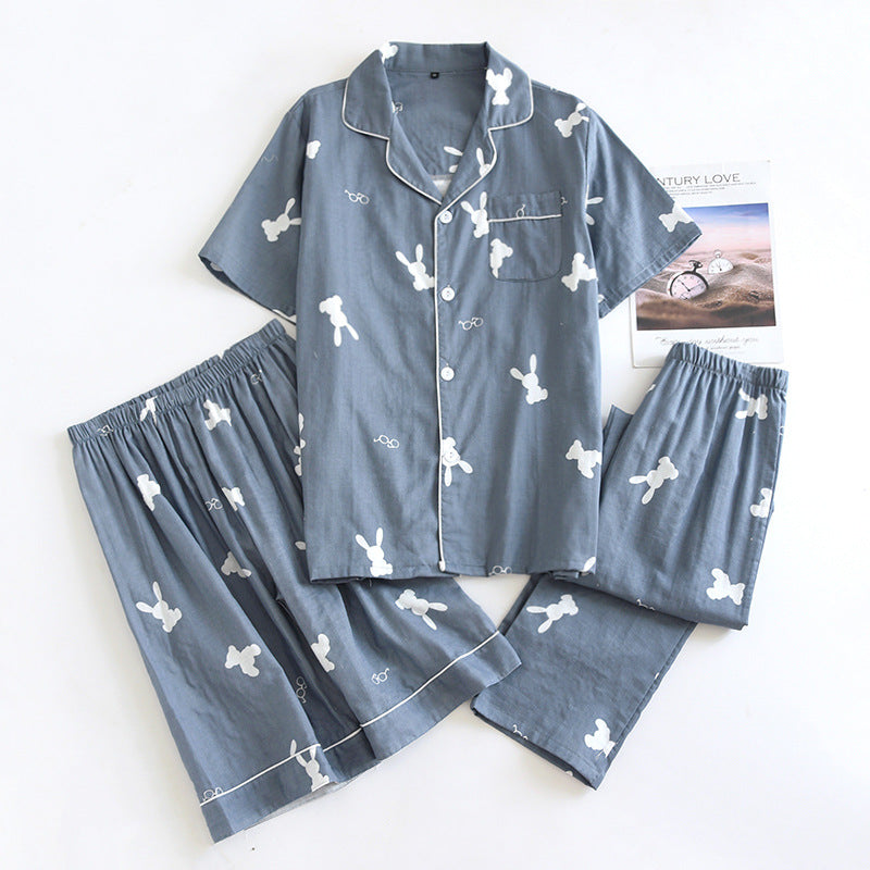 Summer new couple pajamas three-piece set short-sleeved + shorts + trousers 100% cotton gauze men's and women's home clothes