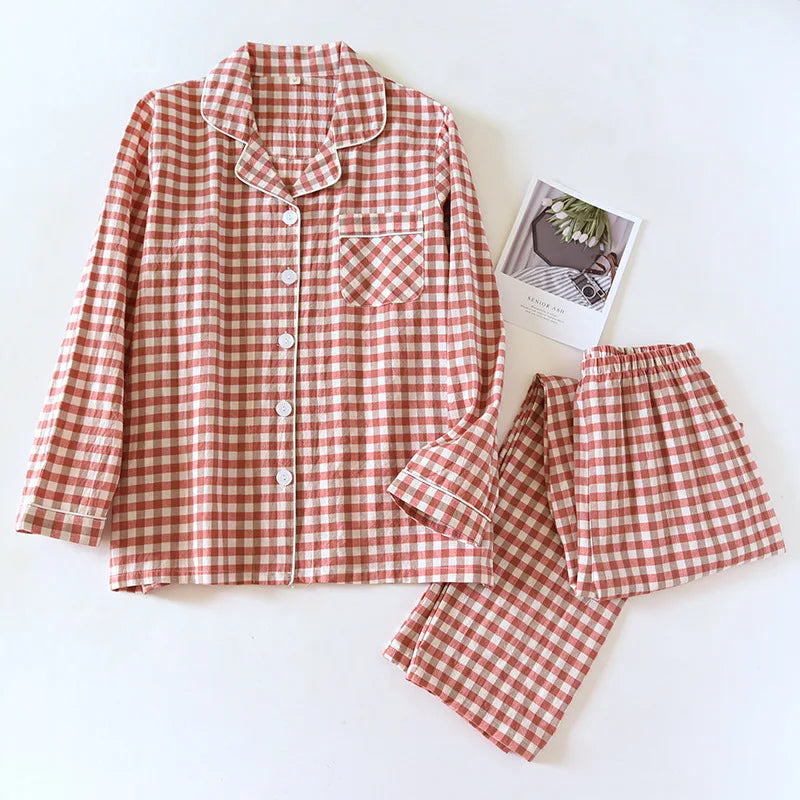 2025 New Japanese Spring and Autumn Couple Pajama Set 100% Cotton Men's and Women's Plaid Long Sleeve Two Piece Home Furnishing