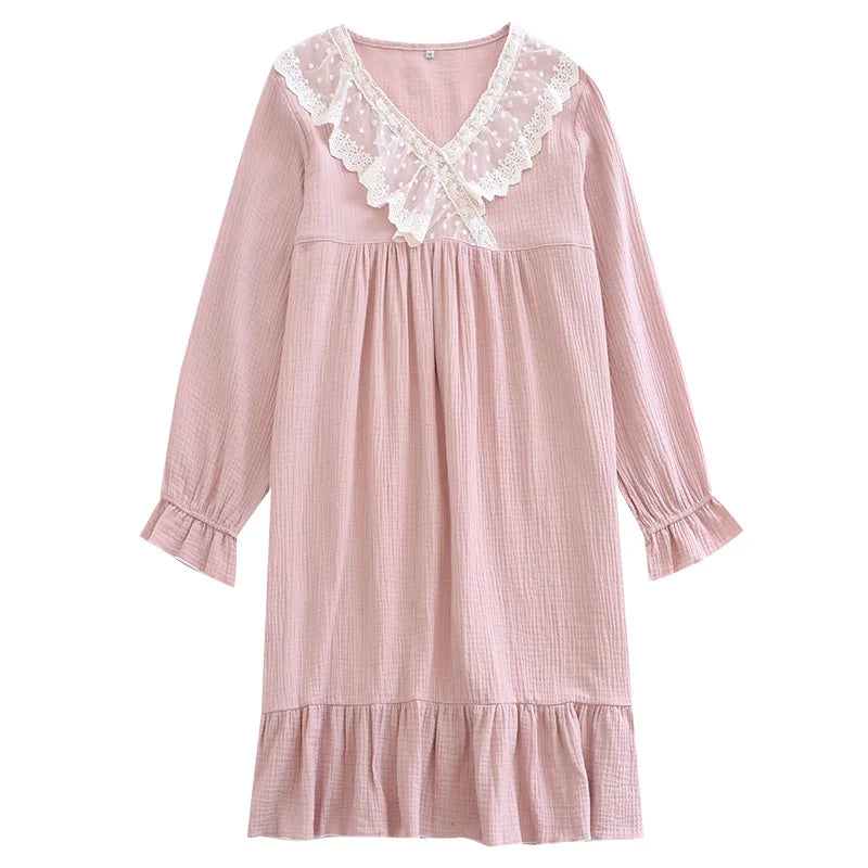 Japanese new spring and summer ladies nightdress 100% cotton crepe long skirt sweet princess long sleeve skirt plus size women