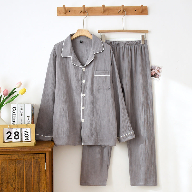 New Spring and Autumn Couple Pajamas Set 100%Cotton Crepe Long Sleeve Pants Two Piece Men's and Women's Large Size Home Garments