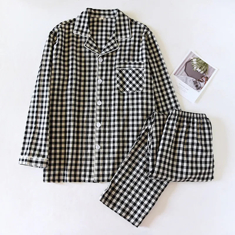 2025 New Japanese Spring and Autumn Couple Pajama Set 100% Cotton Men's and Women's Plaid Long Sleeve Two Piece Home Furnishing