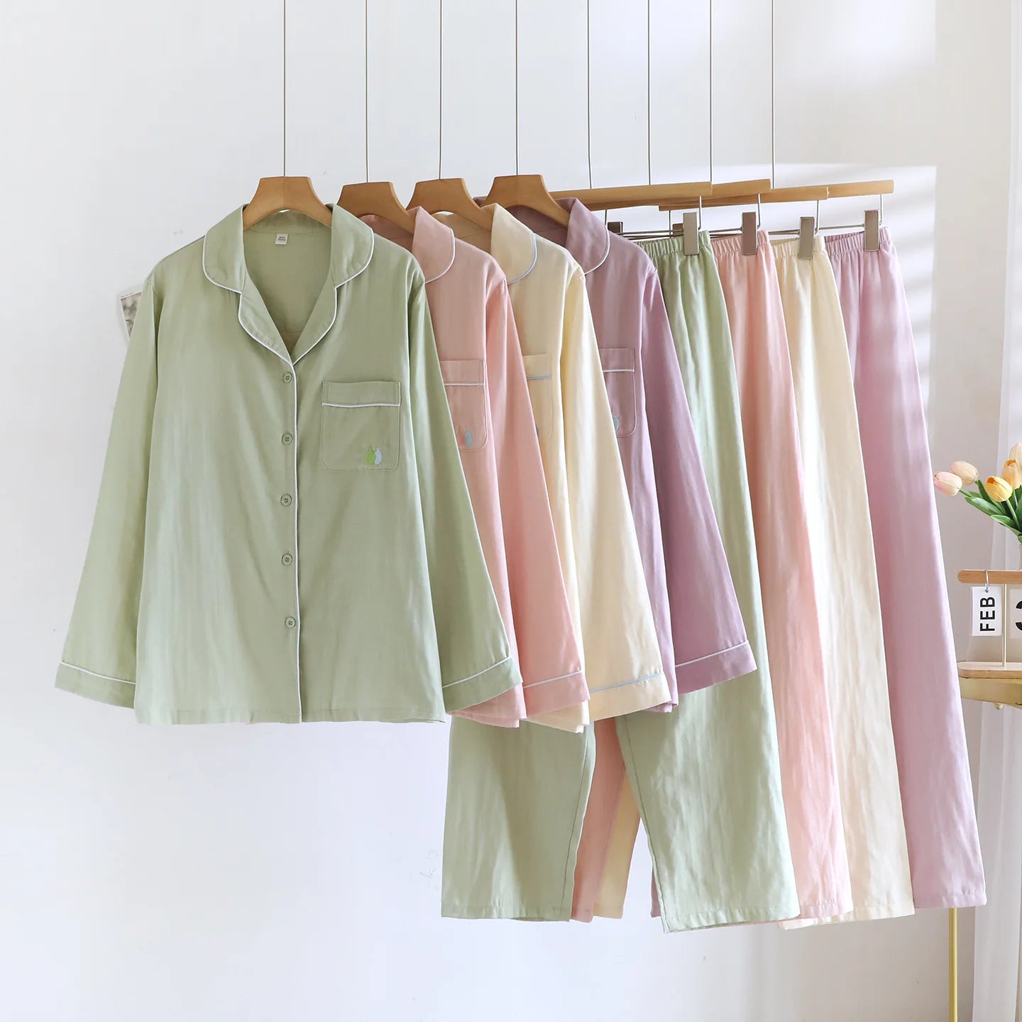 2025 New Spring and Autumn Women's Pajama Set 100% Cotton Simple Long Sleeve Long Pants Two Piece Set Cardigan Home Clothes