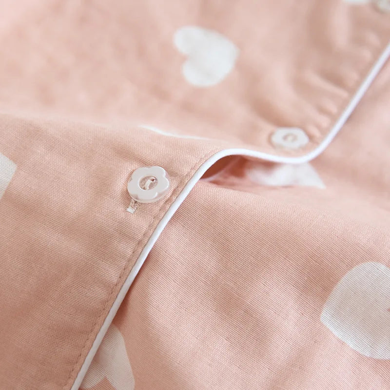New spring and summer women's pajamas three-piece set short sleeves + shorts + trousers 100%cotton gauze love print homewear set