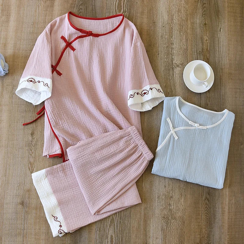 New spring and summer 100% cotton Chinese style women's pajamas two-piece set three-quarter sleeve tops home service suits