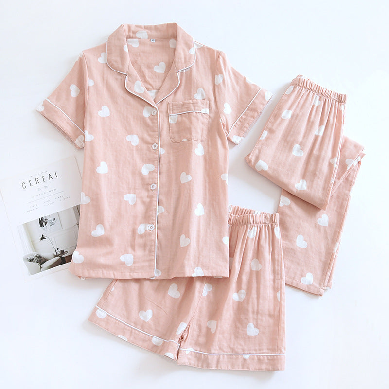 New spring and summer women's pajamas three-piece set short sleeves + shorts + trousers 100%cotton gauze love print homewear set