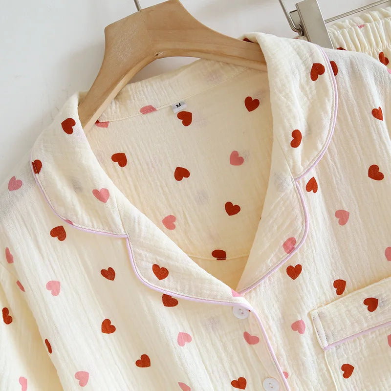 2025 New Summer Pajama Set 100% Cotton Crepe Love Short Sleeves+Shorts+Pants Three Piece Buckle Cute Home Fury Ladies Sleepwear