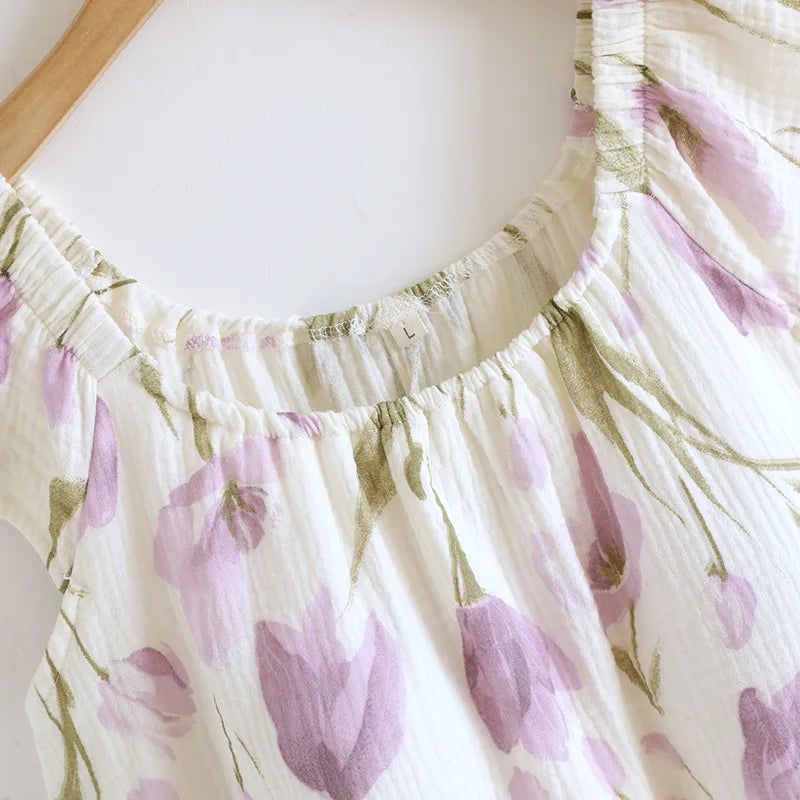 2025 New Summer Women's Sleeping Skirt 100% Cotton Crepe Cloth with Chest Cushion Tank Top Skirt Loose Thin Large Home Clothing
