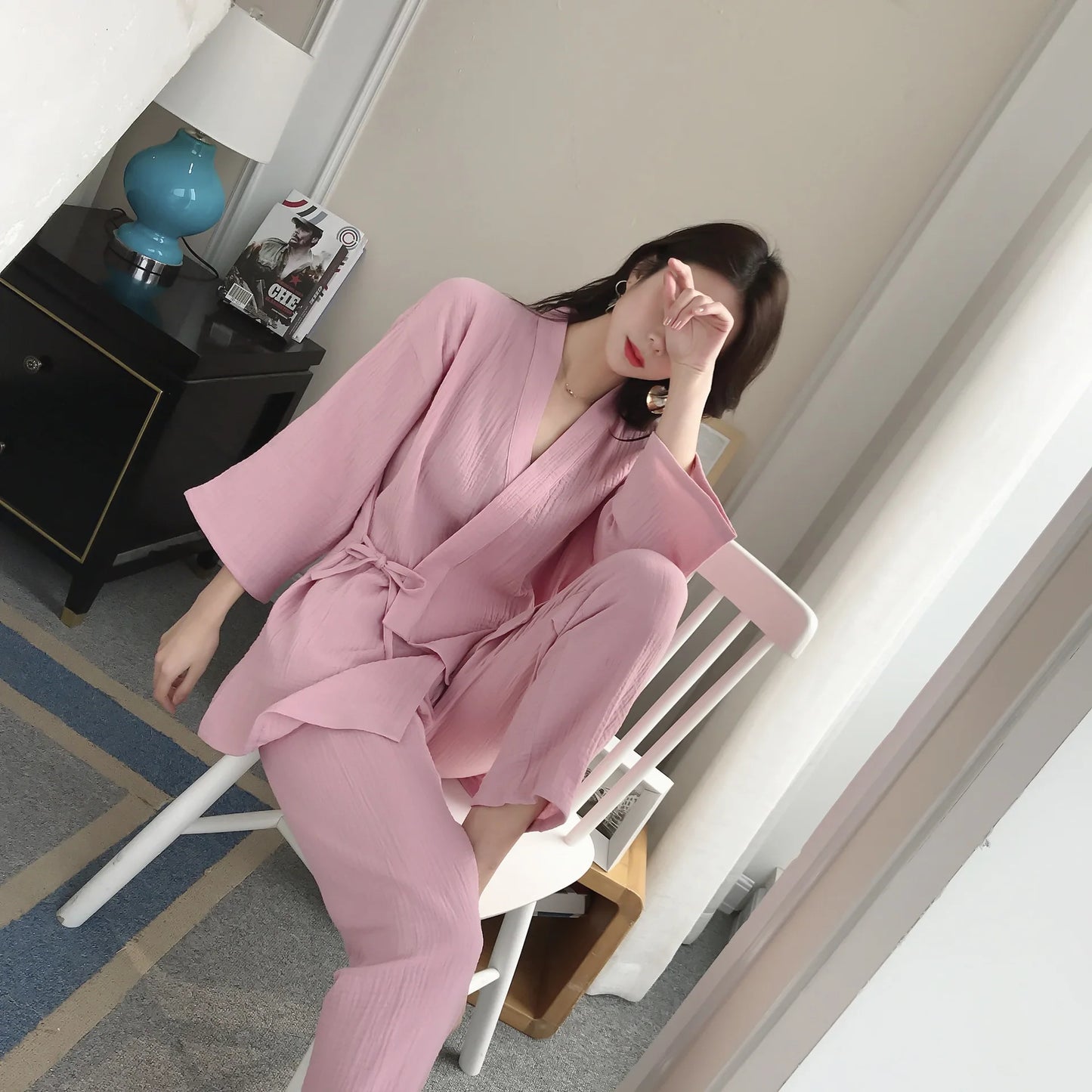 Japanese kimono suit lovers 100% cotton crepe pajamas long sleeved trousers two-piece kimono suit for men and women sleepwear