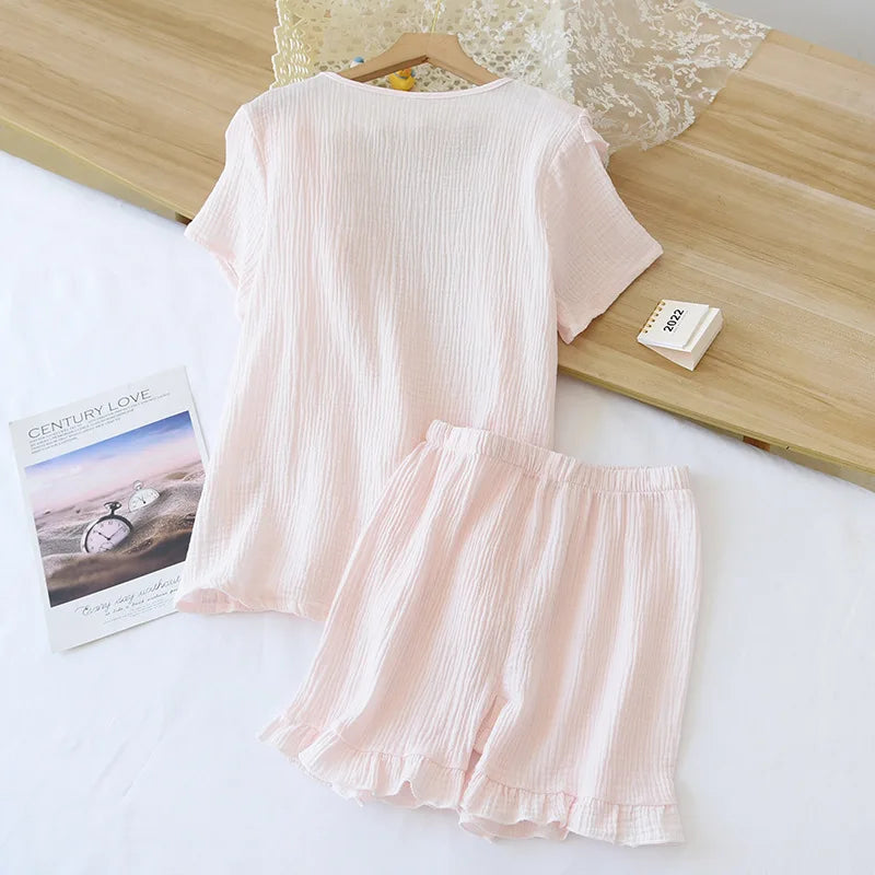Japanese summer new short-sleeved shorts ladies pajamas set 100% cotton crepe solid color fresh home clothes two-piece set