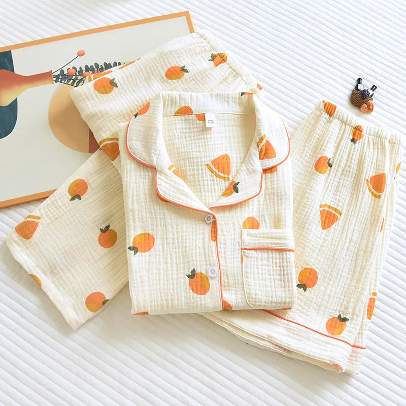 New summer women's cotton crepe three-piece short sleeve + shorts + trousers large size simple flower pajamas home service suit