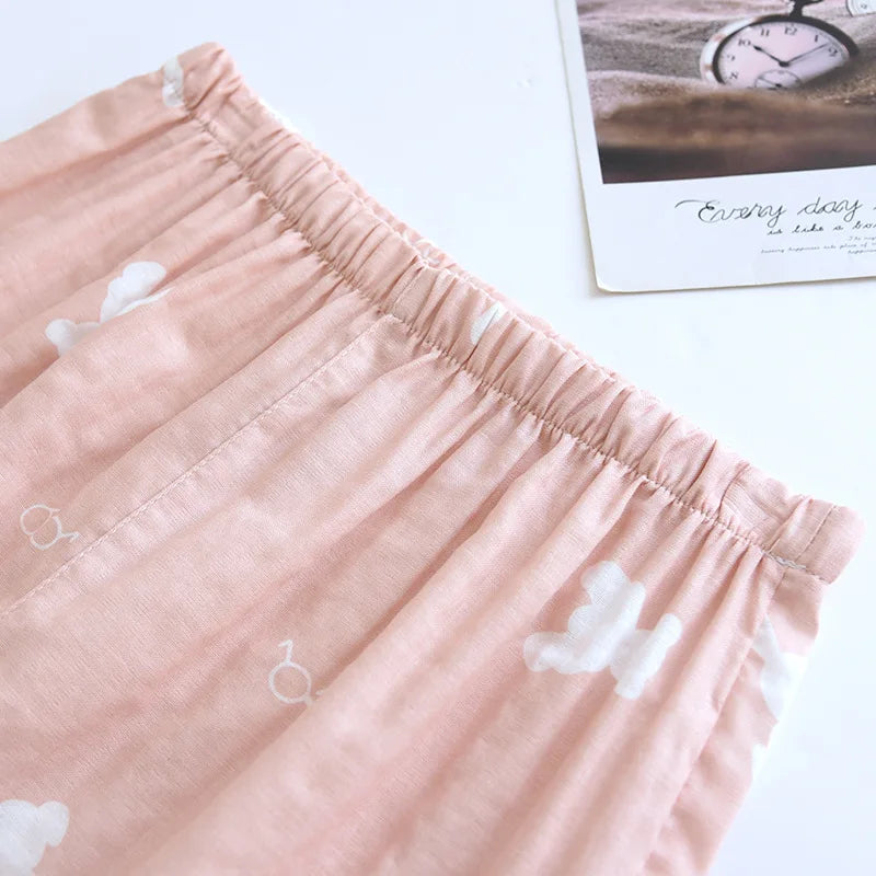 Summer new couple pajamas three-piece set short-sleeved + shorts + trousers 100% cotton gauze men's and women's home clothes