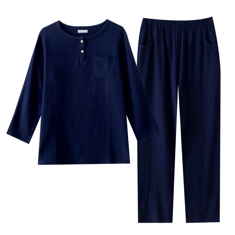 Spring and summer new style men's pajamas suit 100% cotton crepe two button long sleeved trousers two-piece leisure home suit