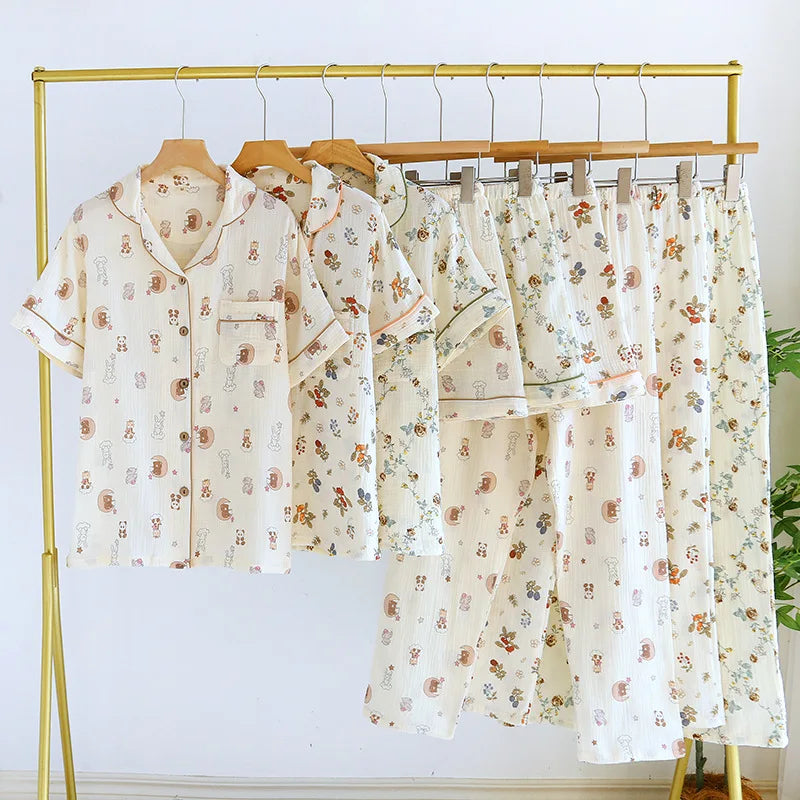 2025 New Women's Spring/Summer Pajama Set 100% Cotton Short Sleeves+Shorts+Long Pants Three Piece Thin Sweet Home Furnishings
