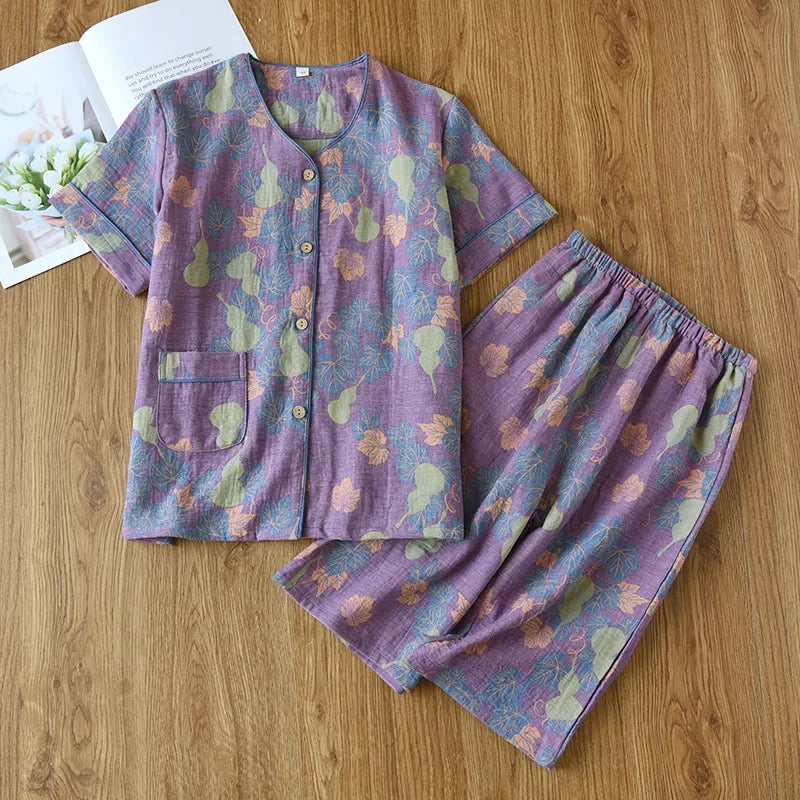 2025 Spring/Summer New Women's Pajama Set 100% Cotton Jacquard Short Sleeves+Capris Two Piece V-Neck Thin Homewear Ladies