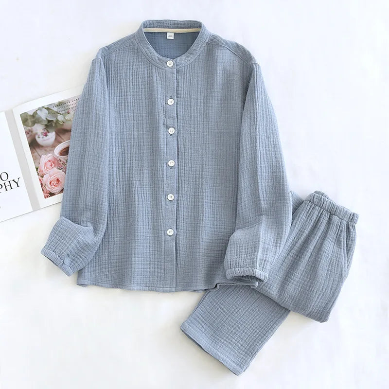 2025 Spring and Autumn New Couple Pajama Set 100% Pure Cotton Crepe Cloth Men's and Women's Stand up Neck Simple Home Clothing
