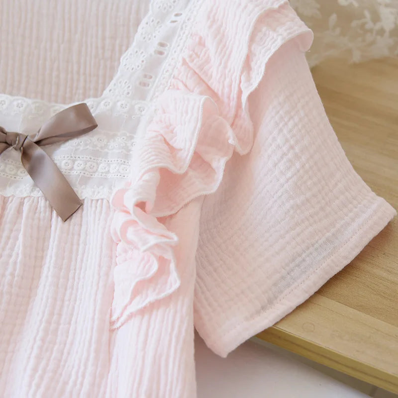 Japanese summer new short-sleeved shorts ladies pajamas set 100% cotton crepe solid color fresh home clothes two-piece set