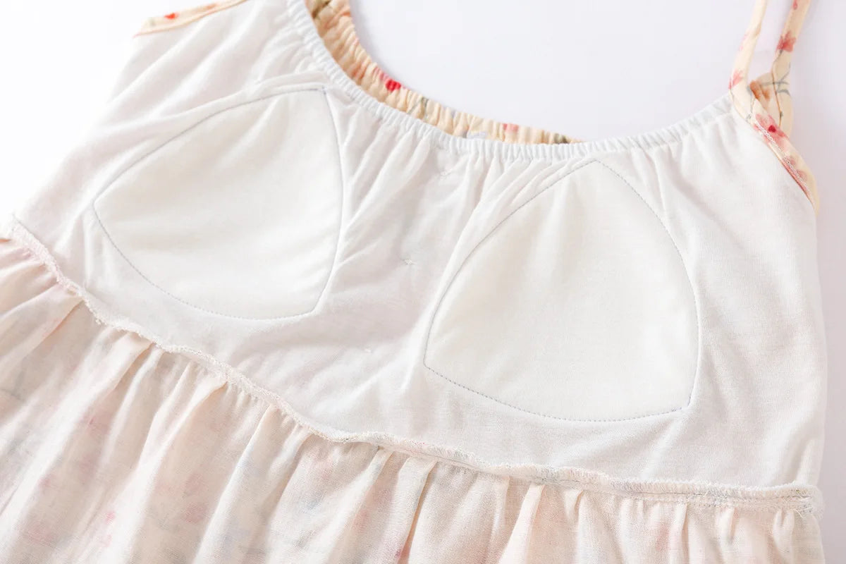 2025 New Summer Women's Sleeping Skirt 100% Cotton Bra Free Strap Skirt Thin Large Floral Dress Summer Dress Sleepwear Women