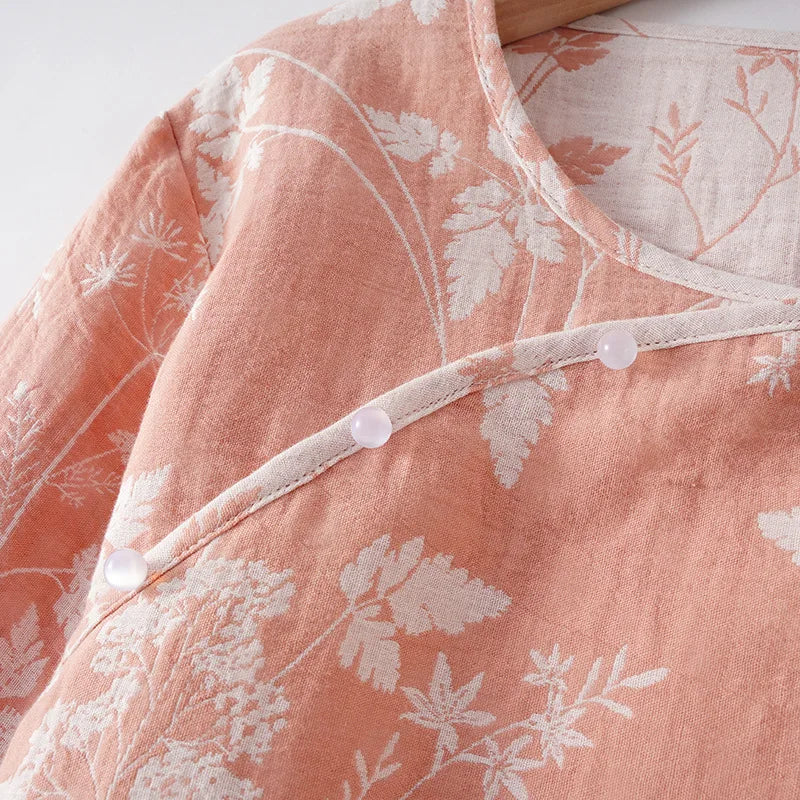 2025 New Spring and Autumn Women's Pajama Set 100% Cotton Gauze Jacquard Long Sleeve Long Pants Loose Home Clothes Two Piece Set