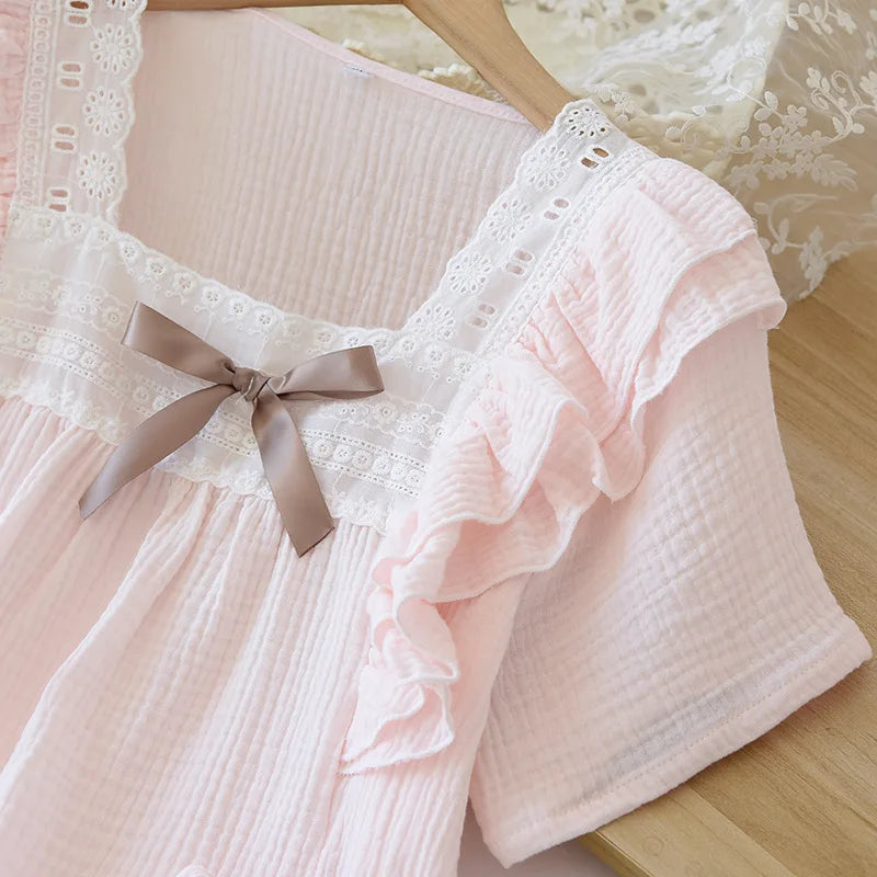 Japanese summer new short-sleeved shorts ladies pajamas set 100% cotton crepe solid color fresh home clothes two-piece set