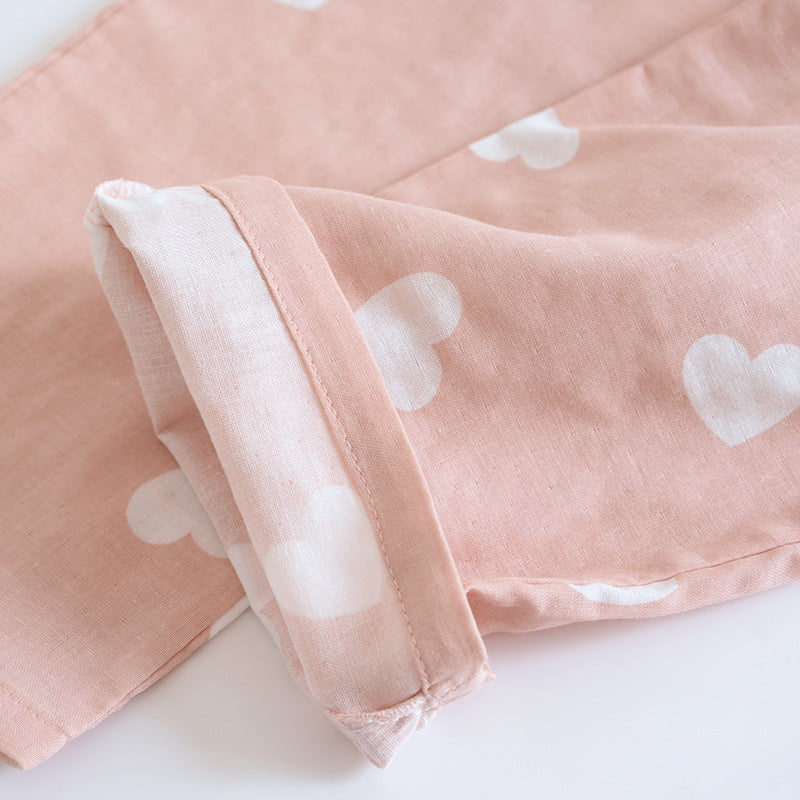 New spring and summer women's pajamas three-piece set short sleeves + shorts + trousers 100%cotton gauze love print homewear set