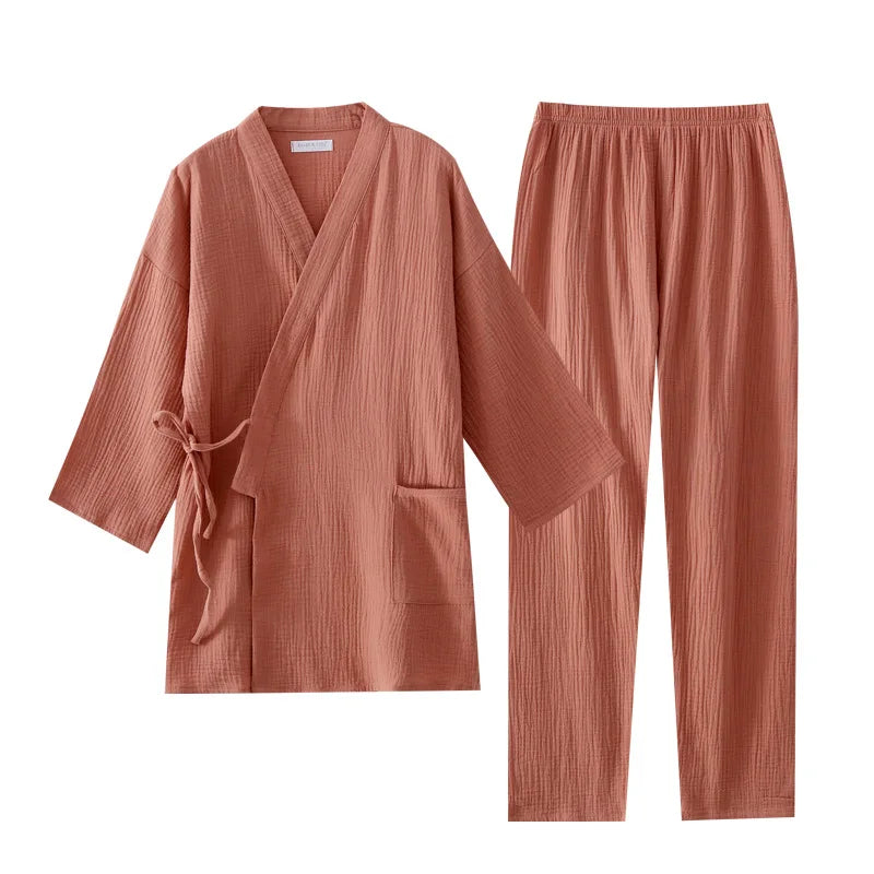 Japanese kimono suit lovers 100% cotton crepe pajamas long sleeved trousers two-piece kimono suit for men and women sleepwear
