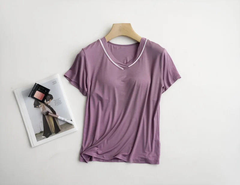 2025 summer new women's pajamas 3-piece Modal large simple pajamas with bra short sleeves+shorts+trousers casual home wear