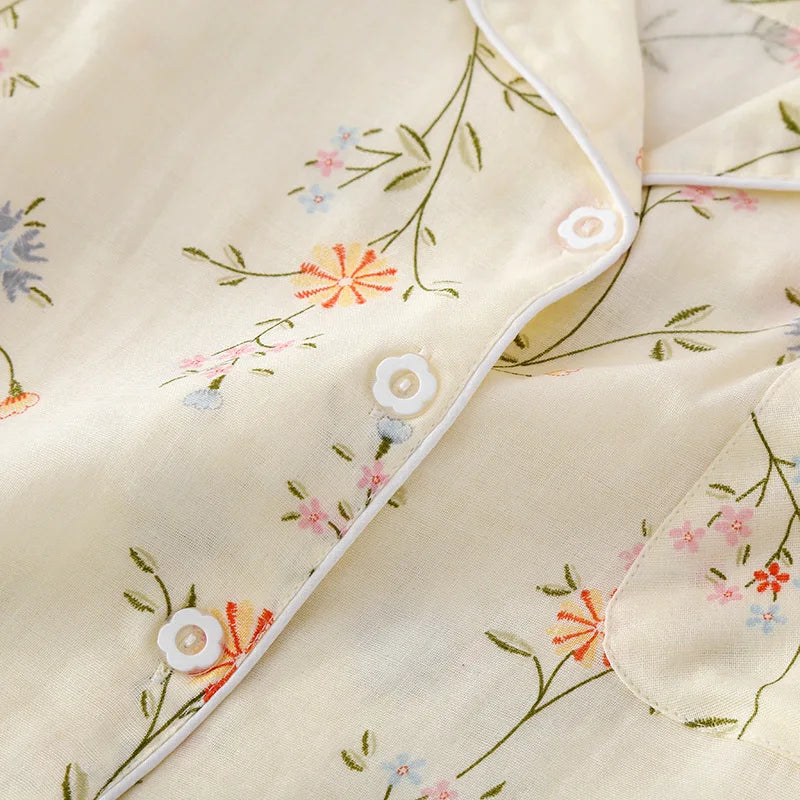 New summer women's pajamas short-sleeved shorts suit cotton double-layer gauze print fresh home clothes two-piece set ladies