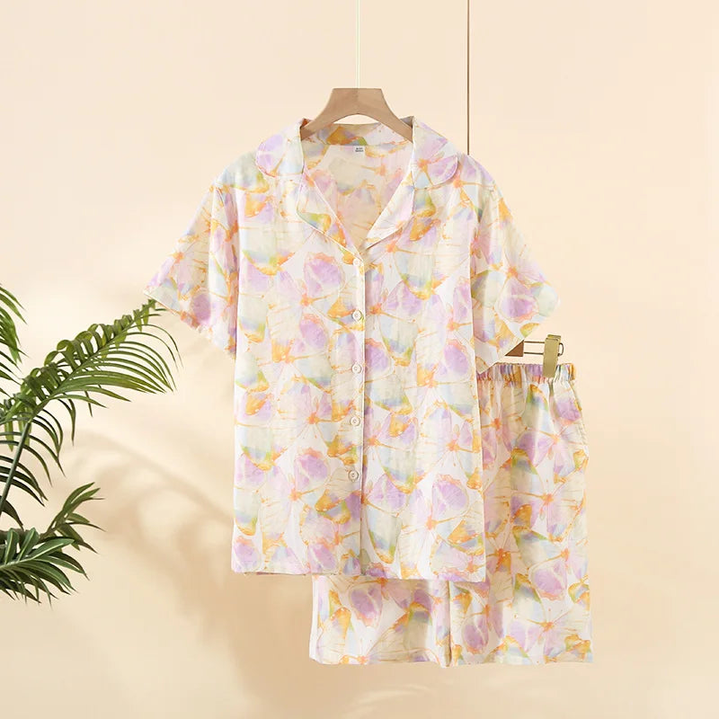 New 100% cotton short-sleeved shorts ladies pajamas set cute cartoon pajamas Japanese simple short pajamas women sleepwear