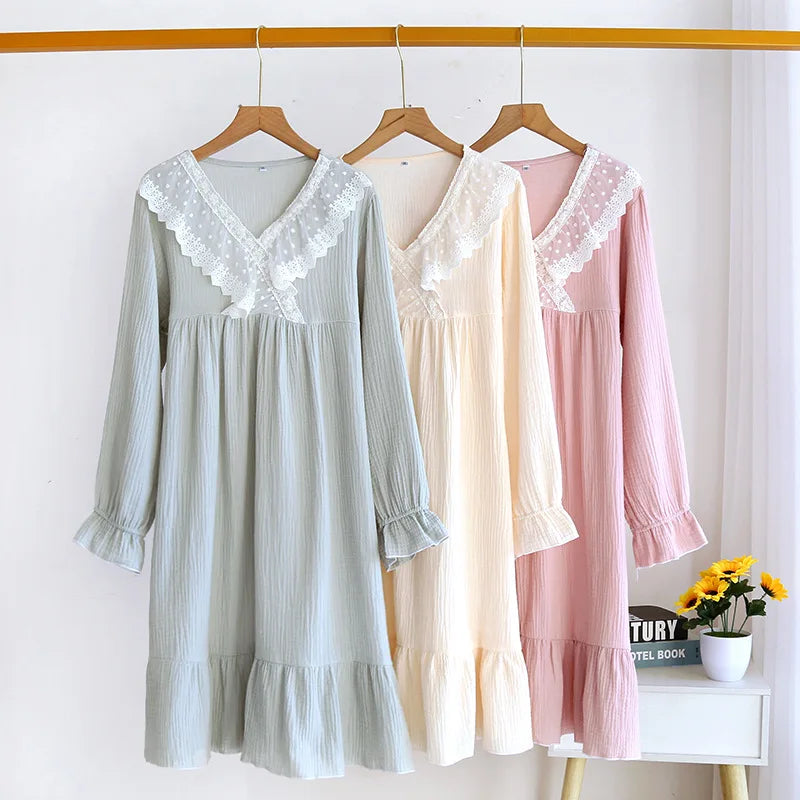 Japanese new spring and summer ladies nightdress 100% cotton crepe long skirt sweet princess long sleeve skirt plus size women