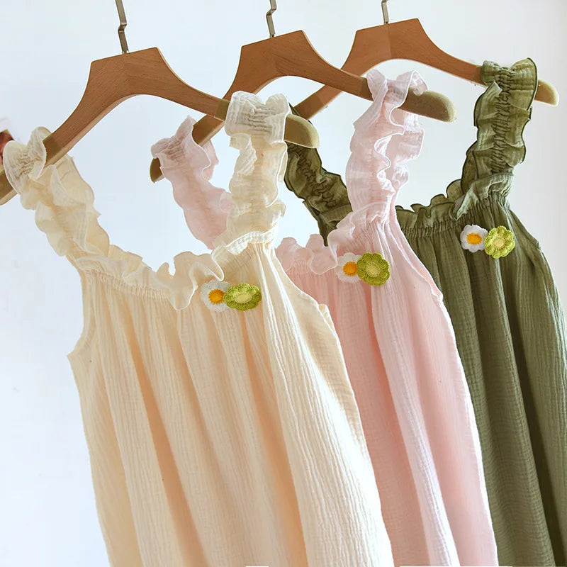 2025 summer new women's suspender nightdress 100% cotton crepe thin style solid color floral vest skirt home skirt sleepwear