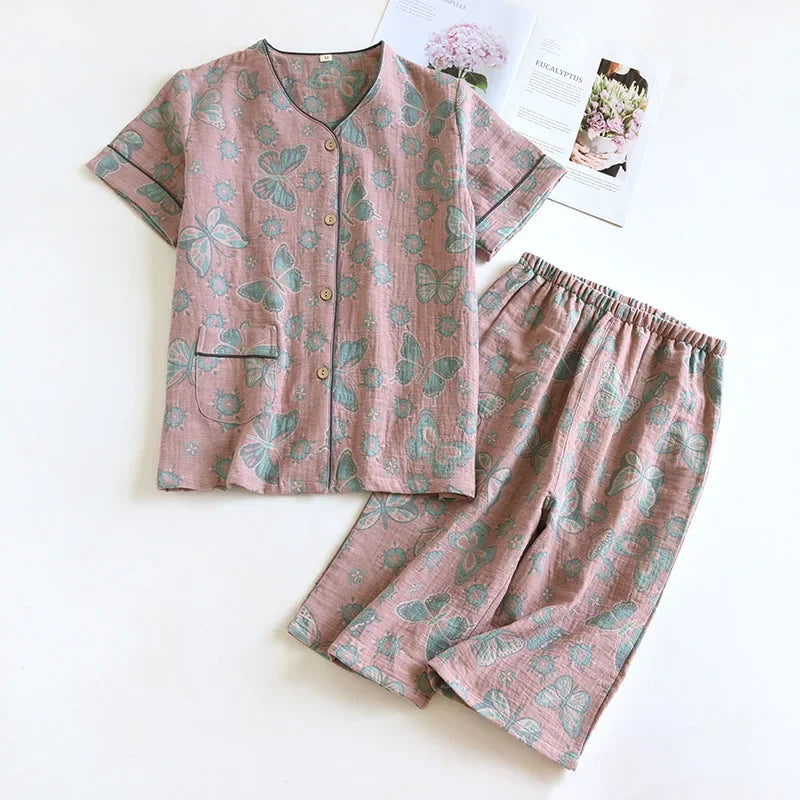 2025 Spring/Summer New Women's Pajama Set 100% Cotton Jacquard Short Sleeves+Capris Two Piece V-Neck Thin Homewear Ladies