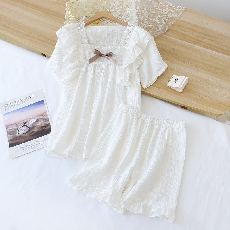 Japanese summer new short-sleeved shorts ladies pajamas set 100% cotton crepe solid color fresh home clothes two-piece set