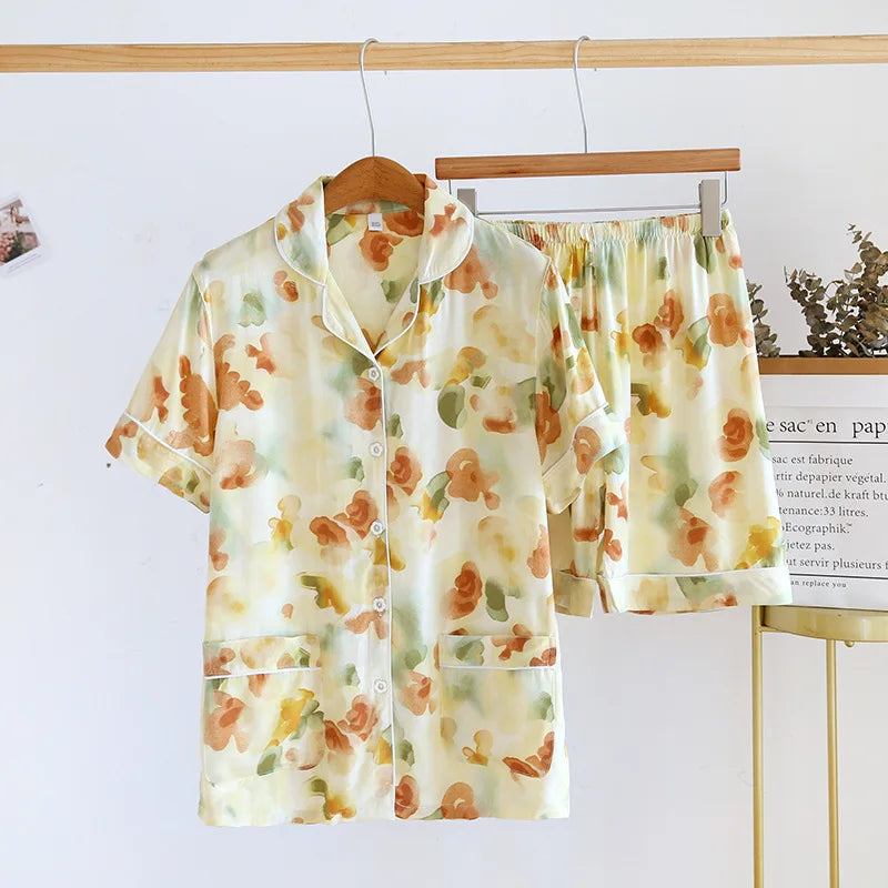 2025 New Summer Women's Pajama Set, Viscous Fiber Short Sleeve Shorts, Two Piece Set, Thin Large Flower Home Fury