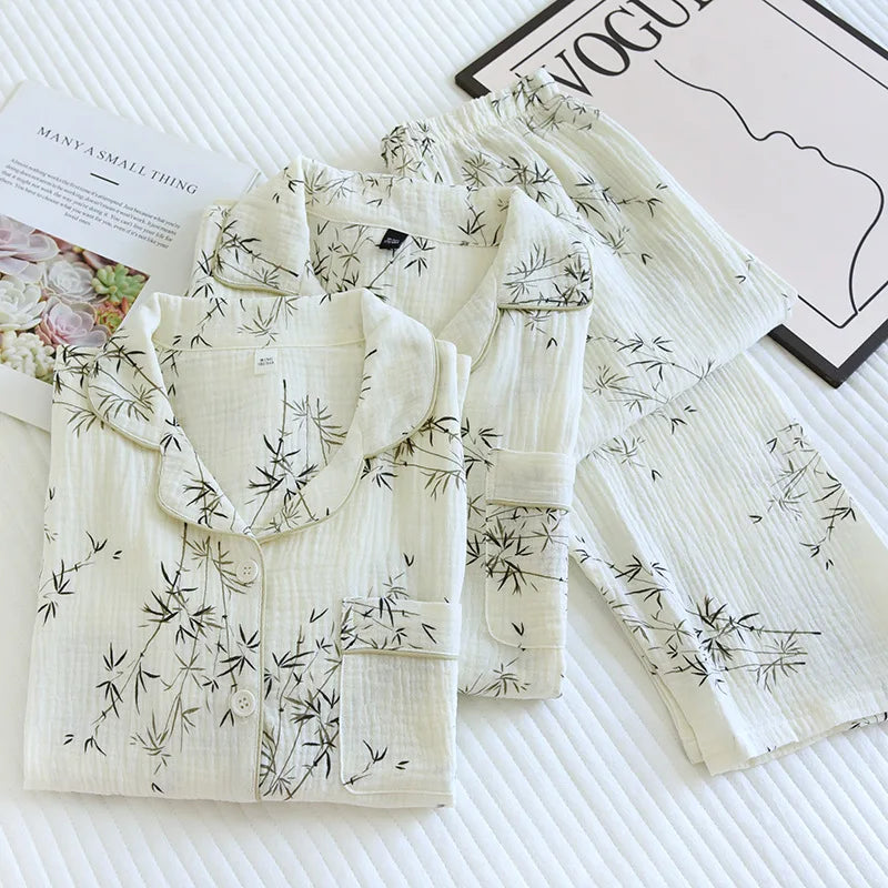 2025 New Spring and Autumn Couple Pajama Set 100% Cotton Crepe Fresh Long sleeved Pants for Men and Women Large Homewear Set