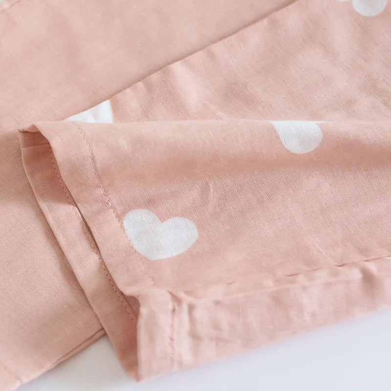 New spring and summer women's pajamas three-piece set short sleeves + shorts + trousers 100%cotton gauze love print homewear set