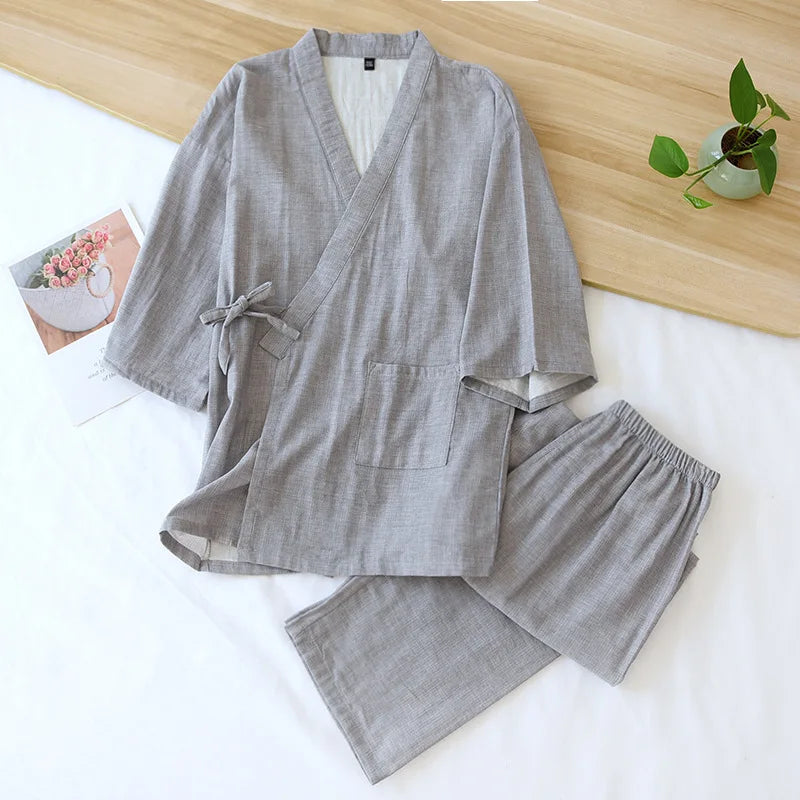New spring and summer Japanese kimono two-piece couple pajamas set cotton loose large size men and women long sleeve trousers