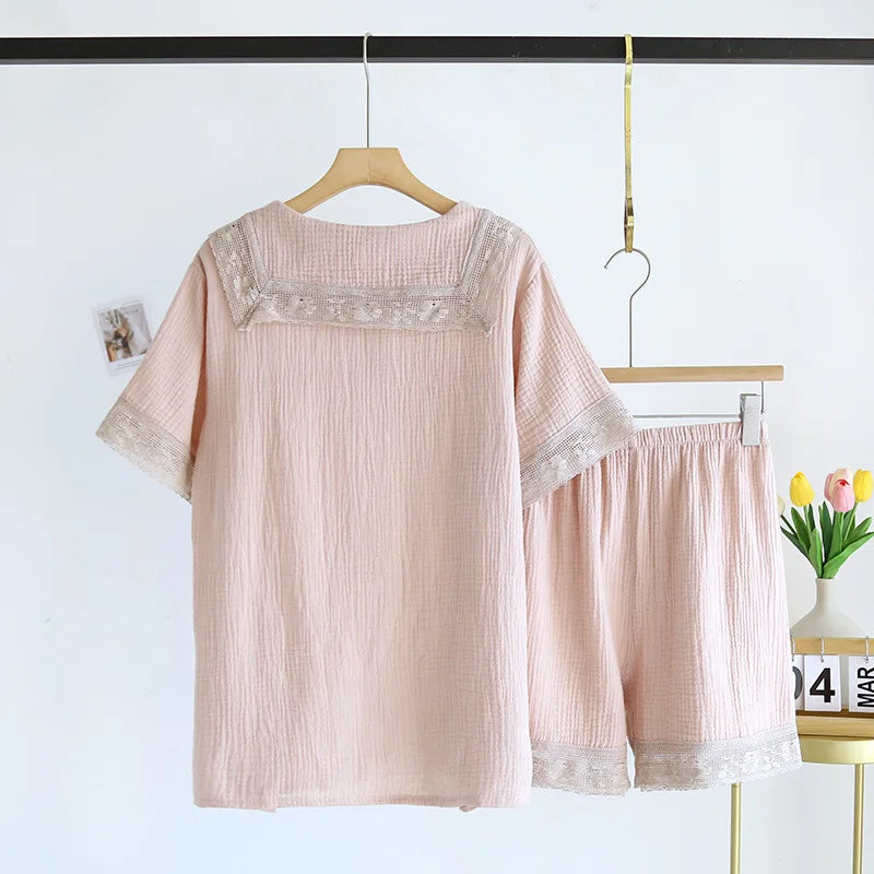 2025 New Japanese Women's Summer Pajama Set 100% Cotton Crepe Short Sleeve Shorts Two Piece Lace Neck Breathable Home Suit Set