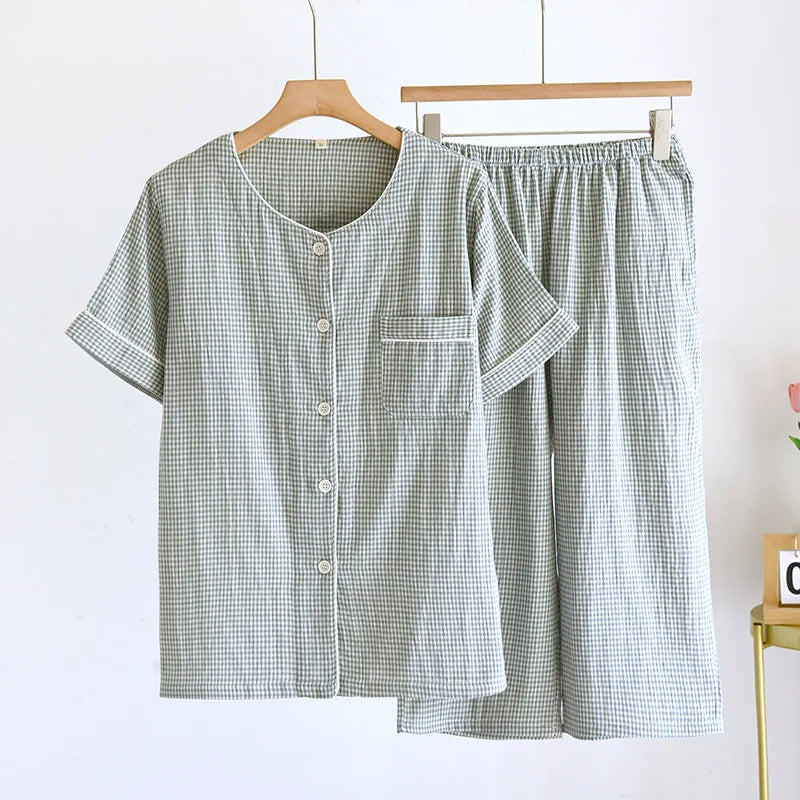2025 Spring/Summer Couple Pajama Set 100% Cotton Gauze Short Sleeves+Capris Two Piece Men's and Women's Checkered Home Fur