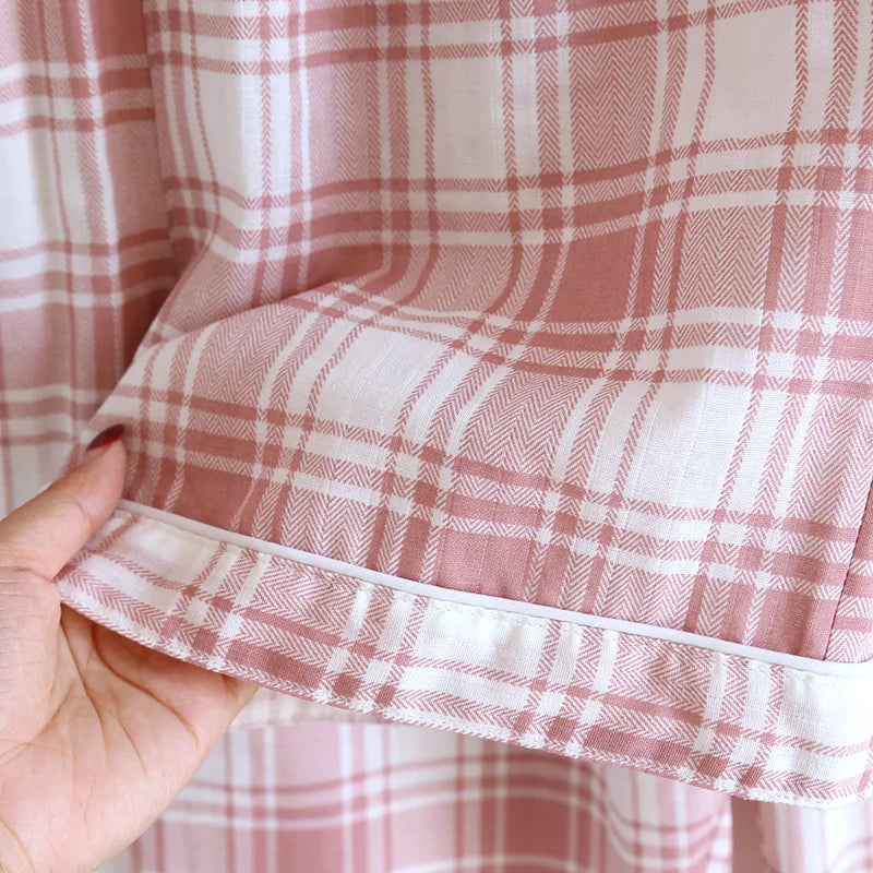 2025 New Summer Women's Pajama Set 100% Cotton Gauze Thin Short Sleeve+Shorts+Pants Simple Checkered Home Furnishing Set