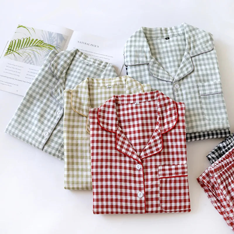 2025 Spring/Summer Couple Pajama Set 100% Cotton Double Layer Gauze Men's and Women's Japanese Plaid Set Long sleeved Home Fury